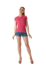Fototapeta premium Girl in a T-shirt and shorts on a white background