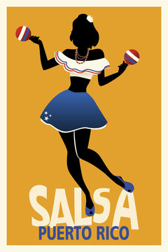 Silhouette Of Girl Dancing Salsa With Maracas. Retro Style Puerto Rico Poster.