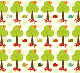 Trees pattern with snails and mushrooms