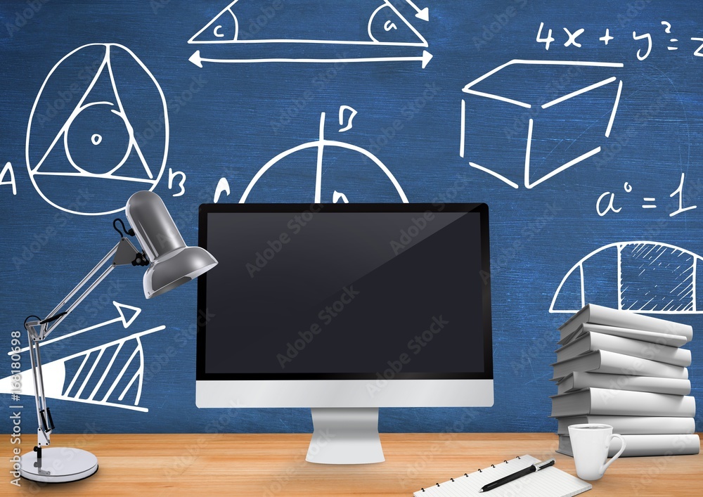 Poster computer desk foreground with blackboard graphics of mathematica