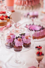 Cupcakes with violet cream and little macaroons