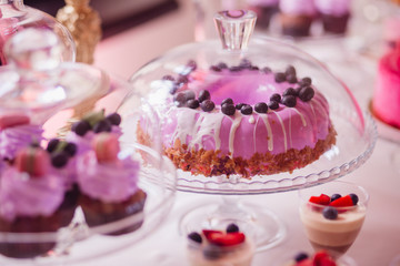 Blackberry cake under glass cover
