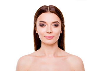 Beauty and health concept. Close up portrait of young brunette lady with nice make up and shiny smooth skin, standing on a pure background