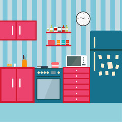 Kitchen with furniture. Cozy kitchen interior with table, stove, cupboard, dishes and fridge. Flat style illustration.