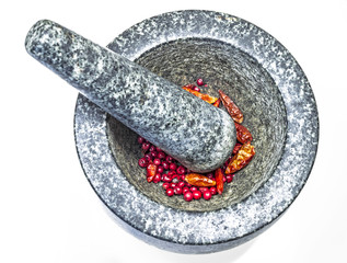 Mortar, granite, pestle, red pepper, chili