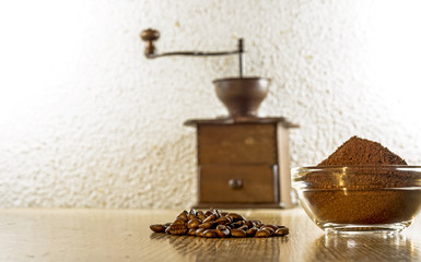 Coffee, mill, bean, milled powder, bowl