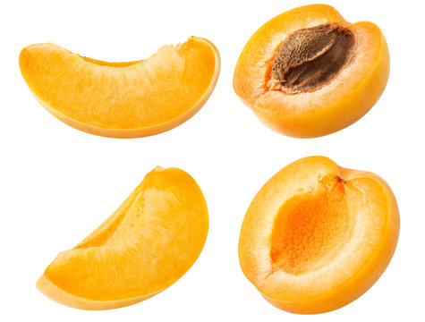 Collection of apricot. Set of fresh apricot fruits cut slices isolated on white background, with clipping path