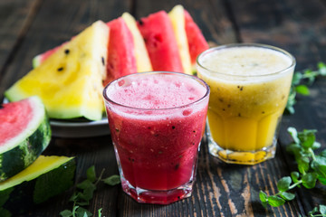 Smoothies of red and yellow watermelon