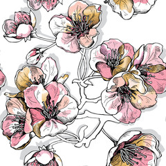 Fototapety  Seamless pattern with soft pink and gold flowers cherry on a white background. Vector illustration.