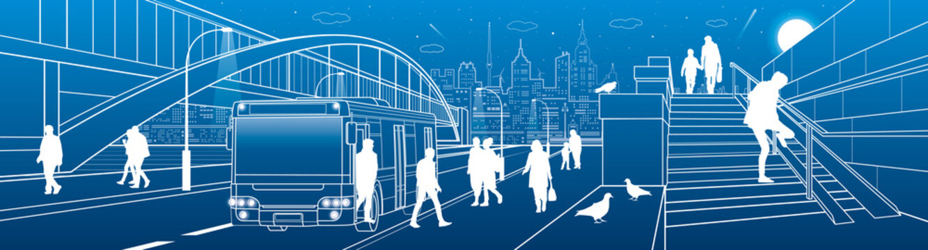City transport infrastructure panorama. People get off the bus. Pedestrian arch bridge. Modern evening town in background. White lines, night scene. Vector design art 