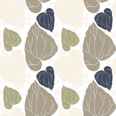 Floral vector seamless pattern with hand drawn  tropical  leaves in pastel colors and geometric background.