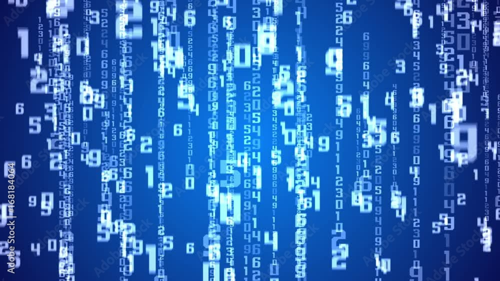 Poster digital white numbers as code rain on a blue background