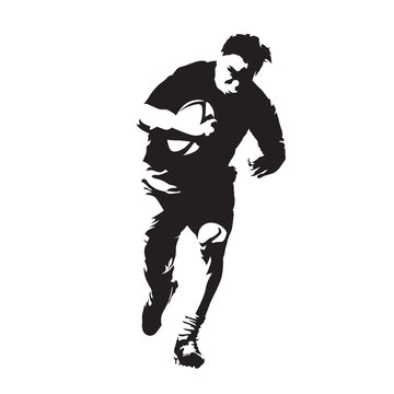 Rugby player running forward, abstract vector silhouette, front view