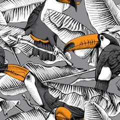 Stoff pro Meter Nahtloses Muster mit Bild eines Tukans und Bananenblättern. Vektor-Illustration. © Afishka