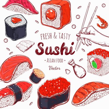Asian Food poster. Vector hand drawn, Sushi banner