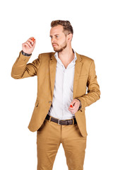 young businessman on white background. human emotion facial expression reaction attitude.