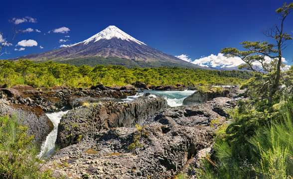 Petrohue Waterfalls in front of Volcano Osorno (Chile) - HDR image