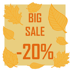 A discount of twenty percent surrounded by autumn leaves on a brown background. Autumn sale, sell, cheap