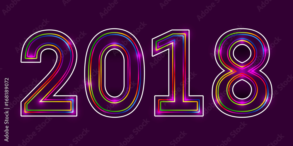 Poster 2018 happy new year. multicolor outline numbers with glowing effect on dark purple background. vecto
