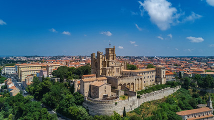 Fototapeta na wymiar Aerial top view of Beziers town architecture and cathedral from above, South France 