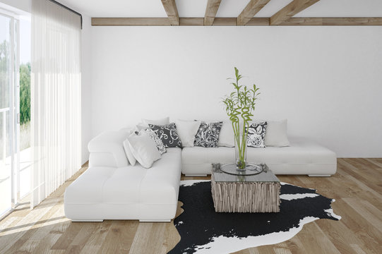 Modern cozy living room with animal skin