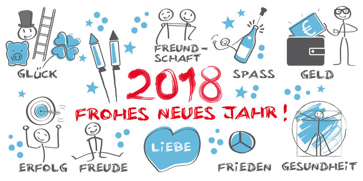 2018 Frohes neues Jahr illustrierte Grußkarte mit Symbolen