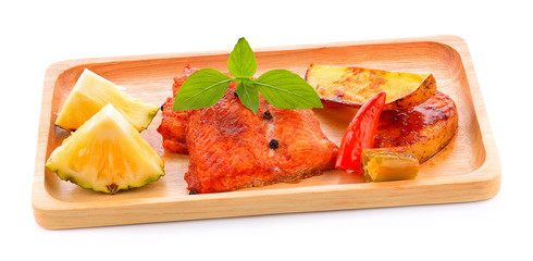 Dolly baked fish sauce on white background.