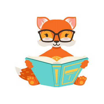 Cute orange fox character sitting and reading a book, funny cartoon forest animal posing vector Illustration