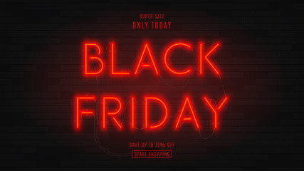 Dark web banner for black Friday sale. Modern neon red billboard on brick wall. Concept of advertising for seasonal offer with glowing neon text.