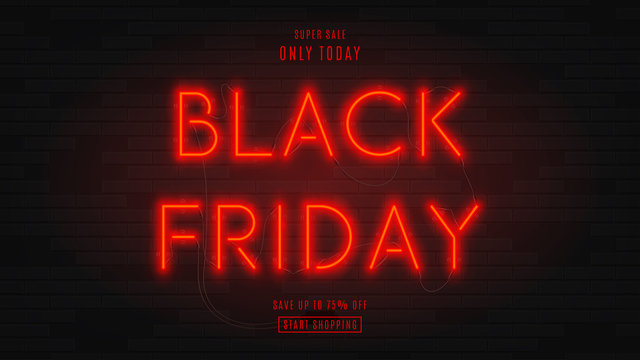 Dark web banner for black Friday sale. Modern neon red billboard on brick wall. Concept of advertising for seasonal offer with glowing neon text.