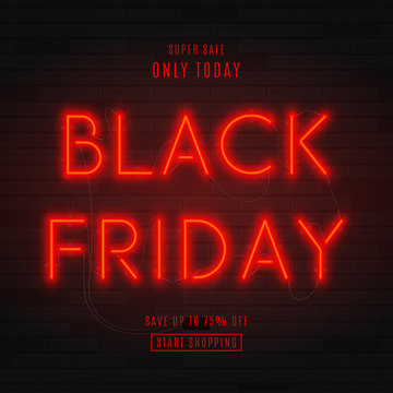 Dark background for black Friday sale. Modern neon red billboard on brick wall. Concept of advertising for seasonal offer with glowing neon text.
