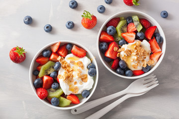 fruit berry salad with yogurt and granola for healthy breakfast