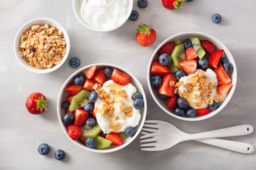 fruit berry salad with yogurt and granola for healthy breakfast