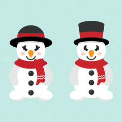 cartoon cute snowman and snow woman