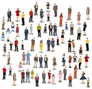 Vector, isolated, silhouette large group of standing people, flat style