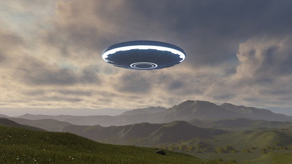 Fototapeta na wymiar 3D UFO over the mountains