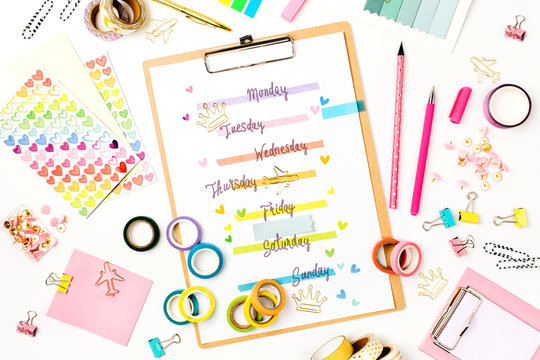 Creative Weekly Planner On Clipboard With School Stationery. Flat Lay, Top View Trendy Back To School Concept.