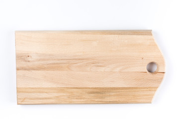 Flat lay wooden cutting board isolated over white background
