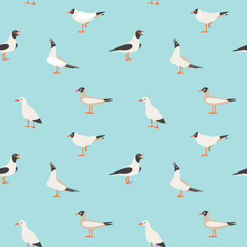 Seamless texture with flying seagulls.