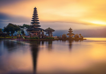 Pura Ulun Danu Bratan, Hindu temple on Bratan lake landscape at sunrise in Bali, Indonesia.