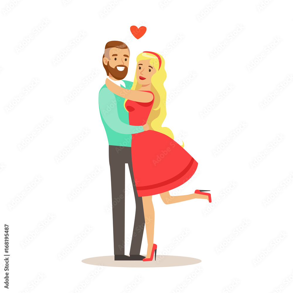 Sticker Young happy couple hugging each other, romantic date colorful characters vector Illustration