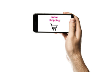 Hand holding smartphone, blank screen on white background