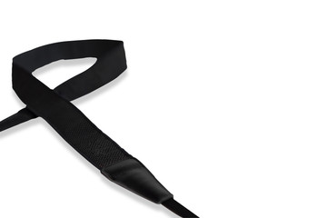 Black camera strap standard design equipment strength support heavy size for professional photographer shoulder sling belt easy shoot photo on white isolated background.
