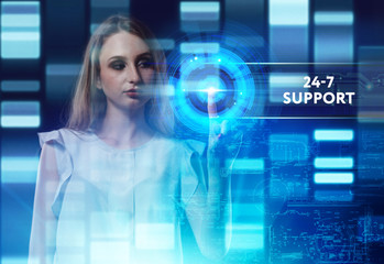 The concept of business, technology, the Internet and the network. A young entrepreneur working on a virtual screen of the future and sees the inscription: 24-7 Support