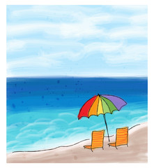 Fototapeta na wymiar Umbrella and chairs at the sea shore and the sea.