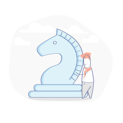 Chess knight with cute cartoon man, business strategy icon concept