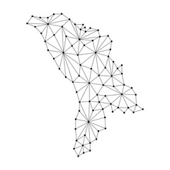 Moldova map of polygonal mosaic lines network, rays and dots vector illustration.