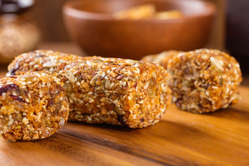 granola bars with dried fruits, seeds and honey
