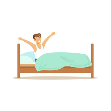 Smiling man character waking up beginning a good day vector Illustration