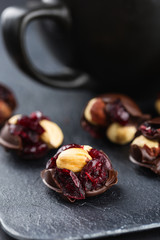 Hazelnut and cranberries in chocolate